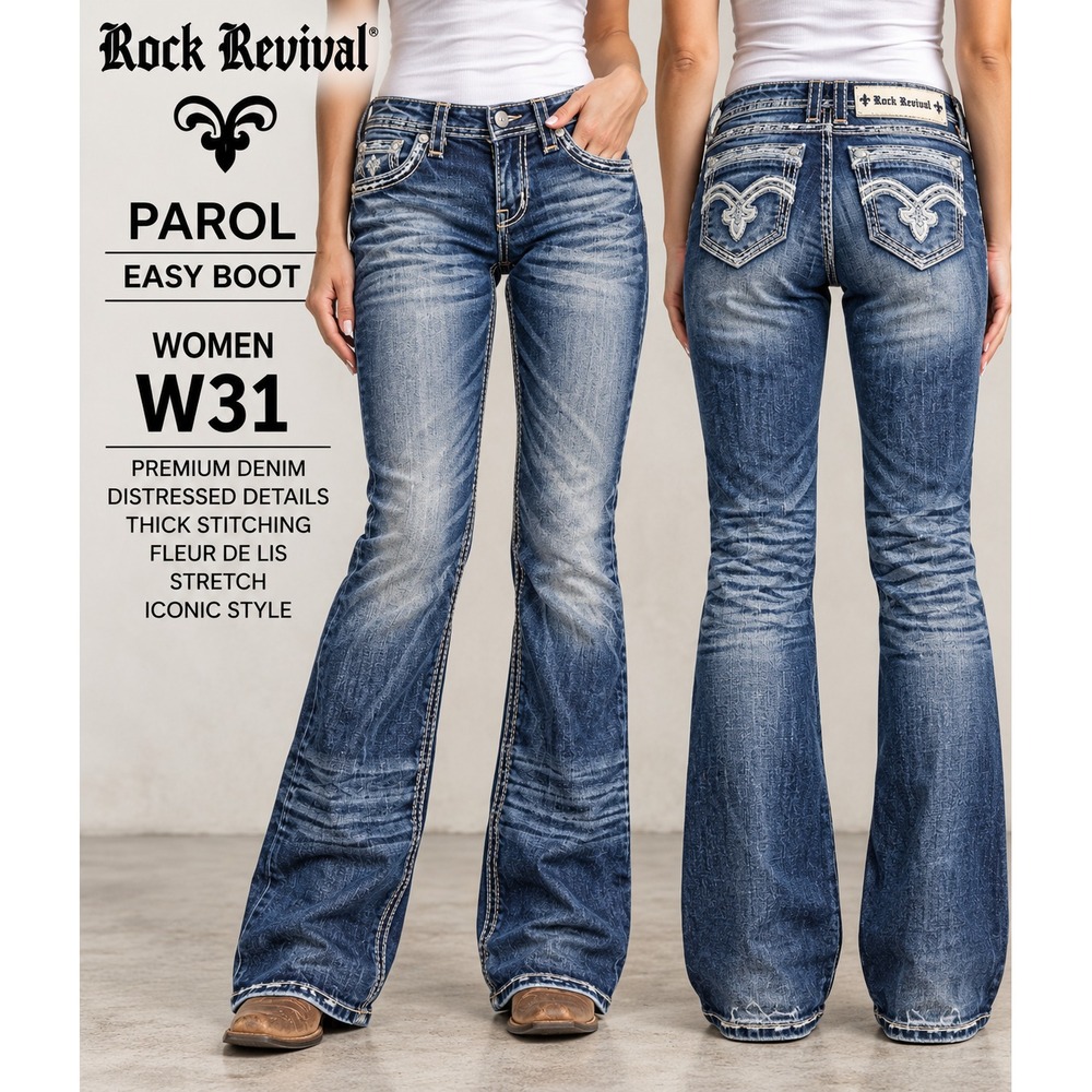 Rock Revival Parol Easy Boot Women W31 Fleur De Lis Thick Stitch Stretch Jeans